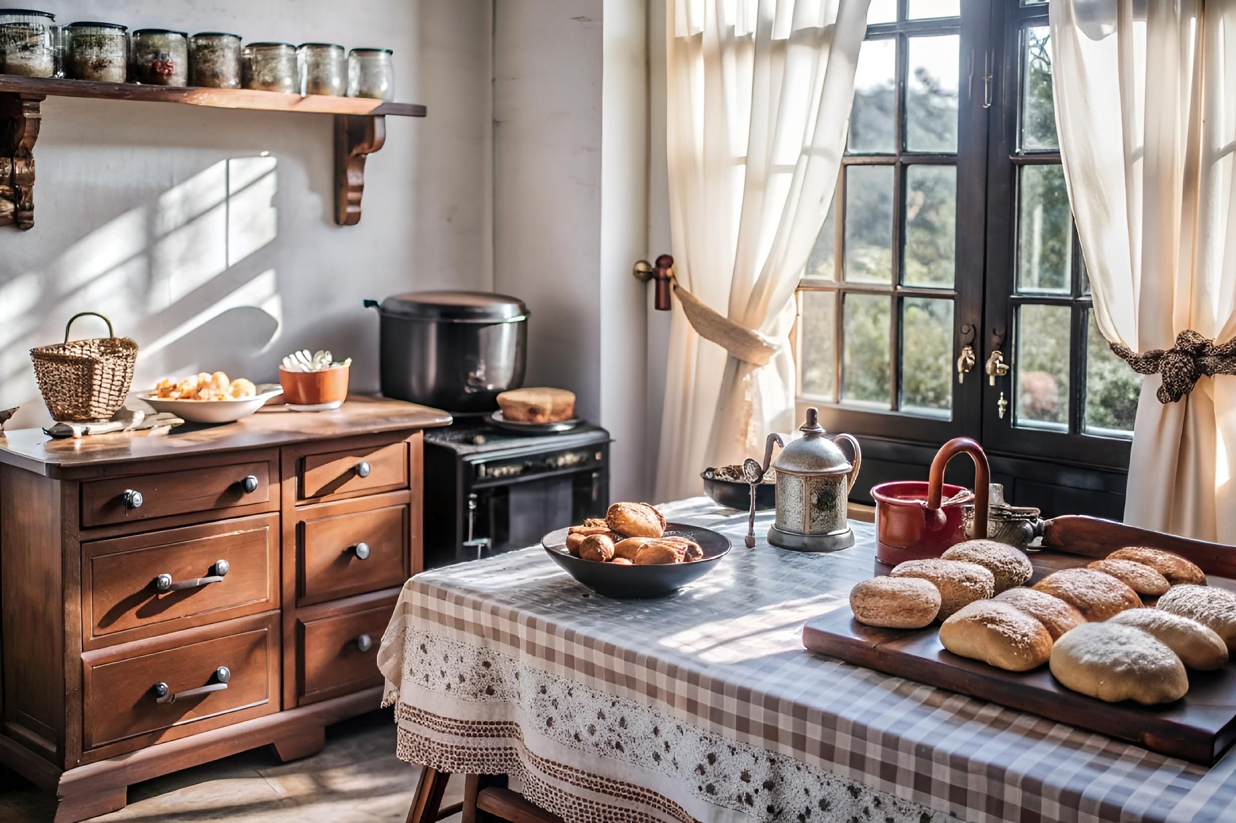 Vintage American cottage kitchen with wooden dresser and gingham tablecloth