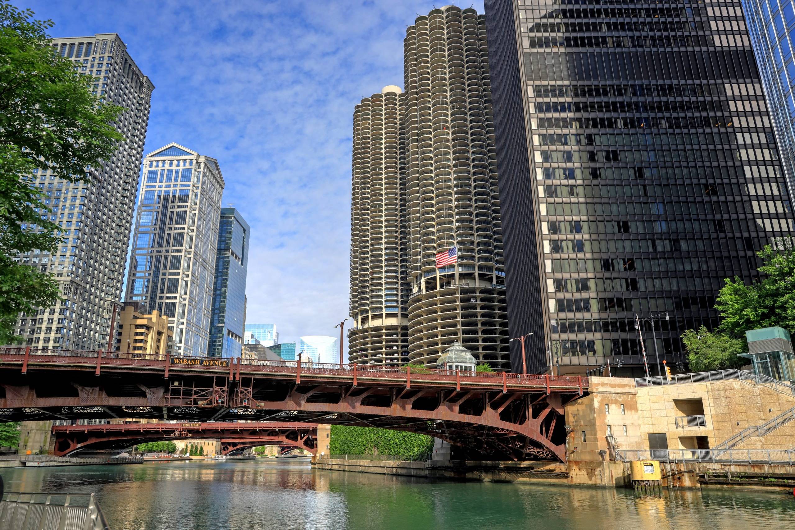 Chicago Illinois skyline along the river at Wabash Avenue bridge, the starting point of Route 66
