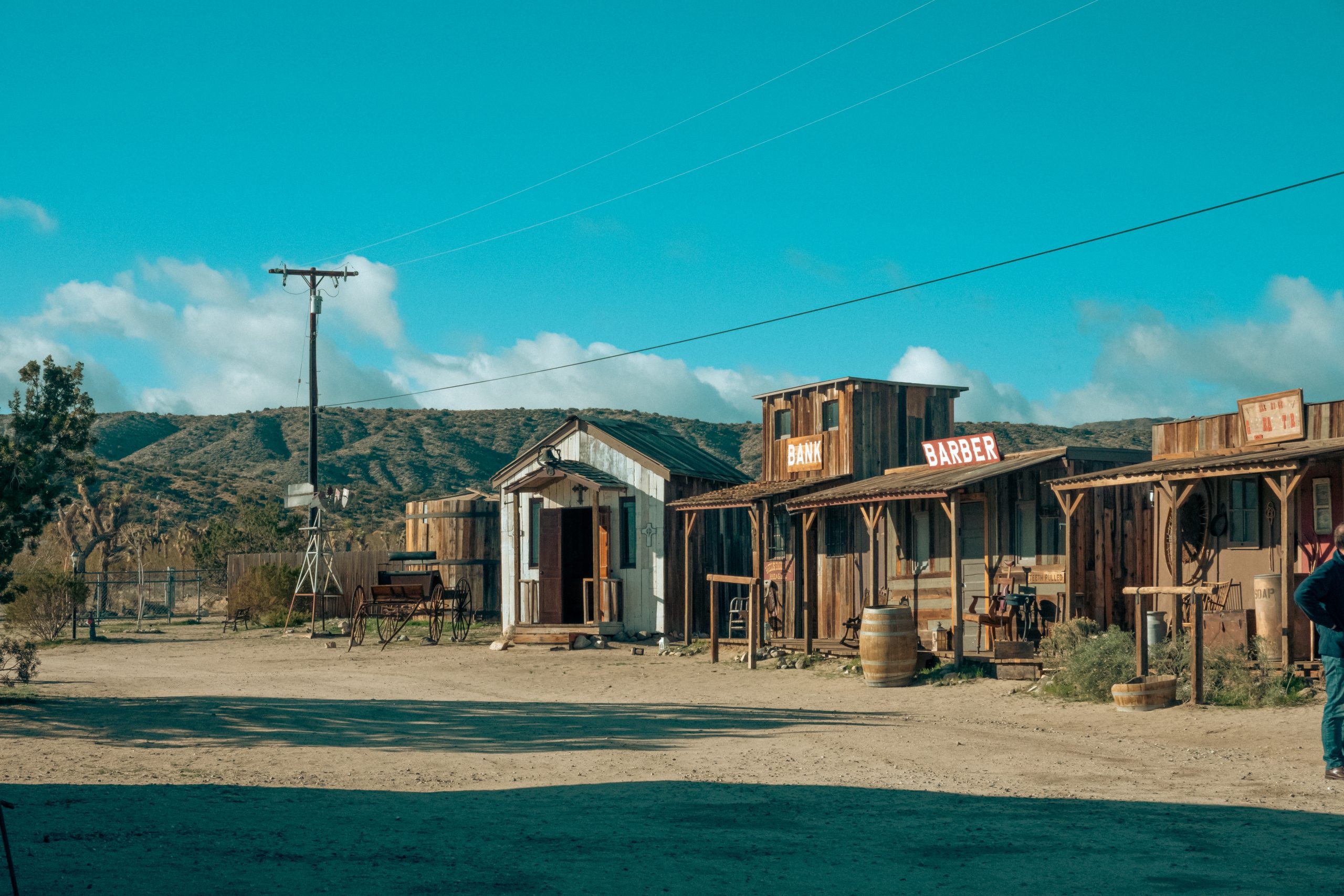 Authentic old west town with wooden storefronts along Route 66 in the California desert