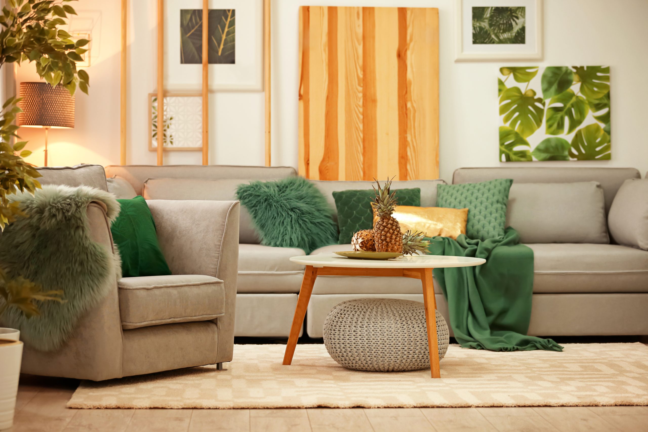 Quiet luxury American living room with sage green wainscoting and neutral tones