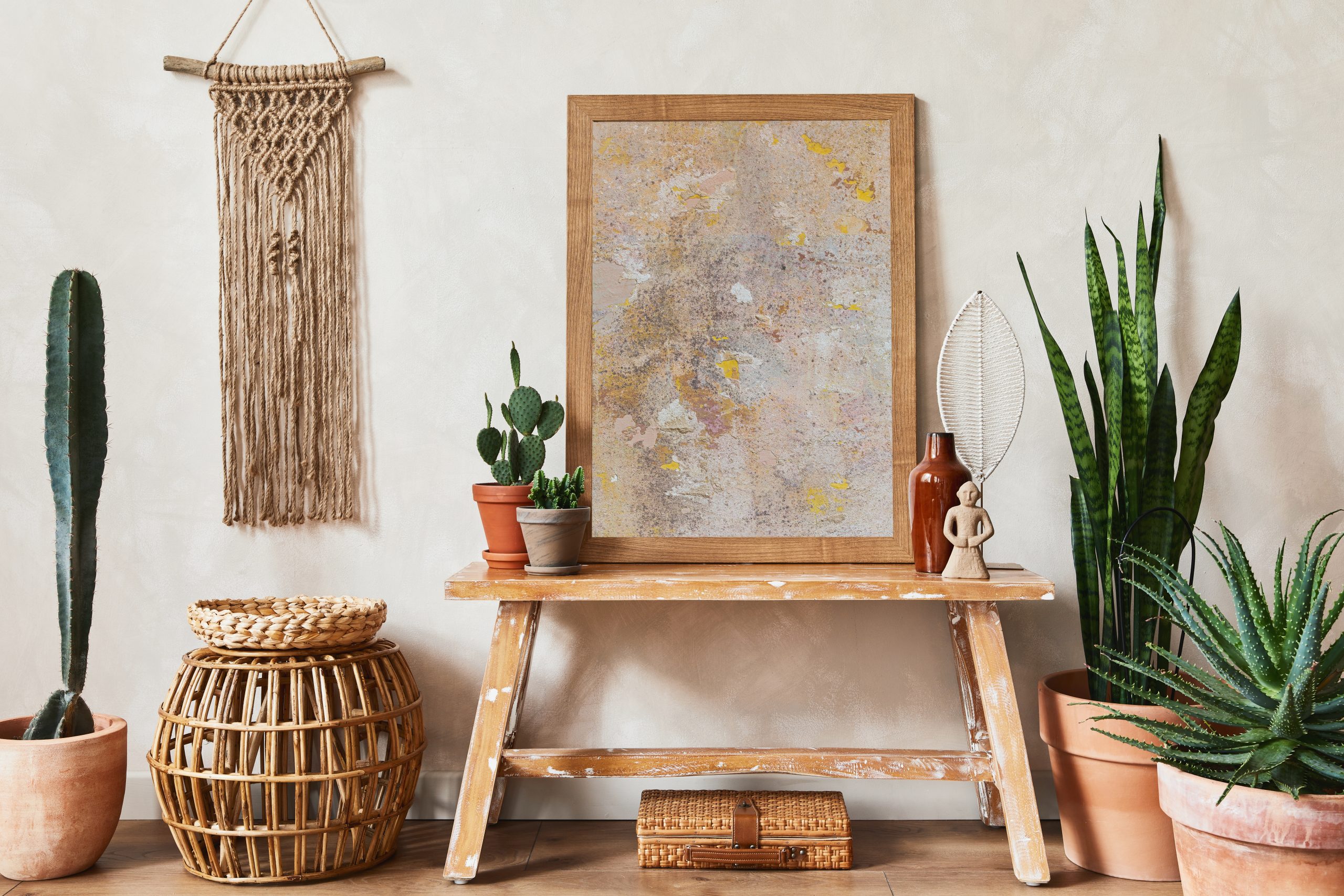 Southwest americana boho decor with cactus plants, macrame wall hanging and terracotta pots
