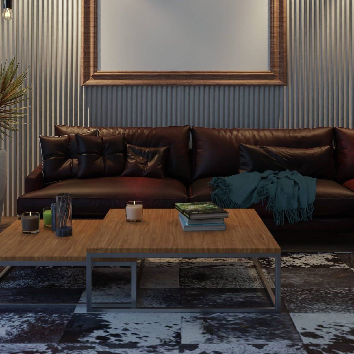 Warm and cozy living room with tropical plants and golden lighting in americana boho style