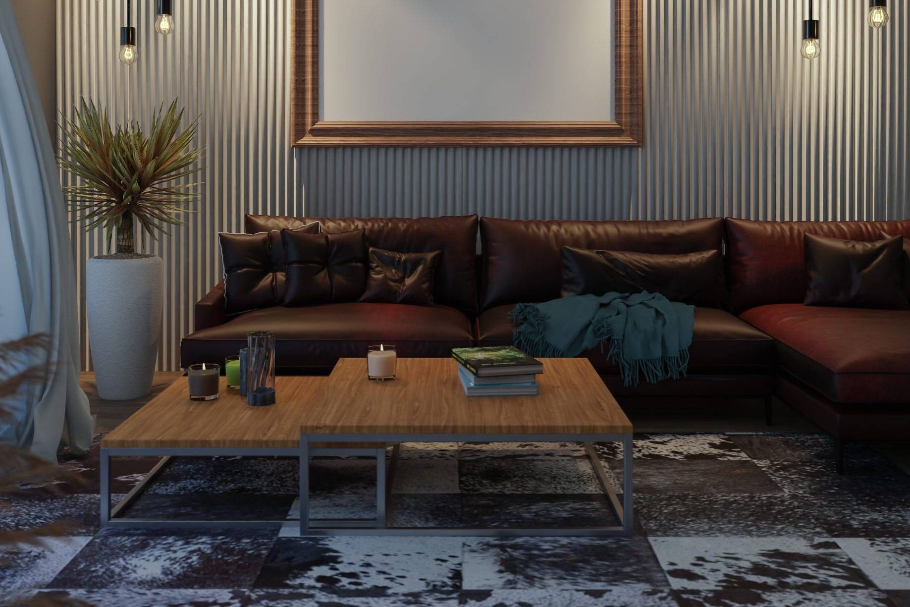 Warm and cozy living room with tropical plants and golden lighting in americana boho style