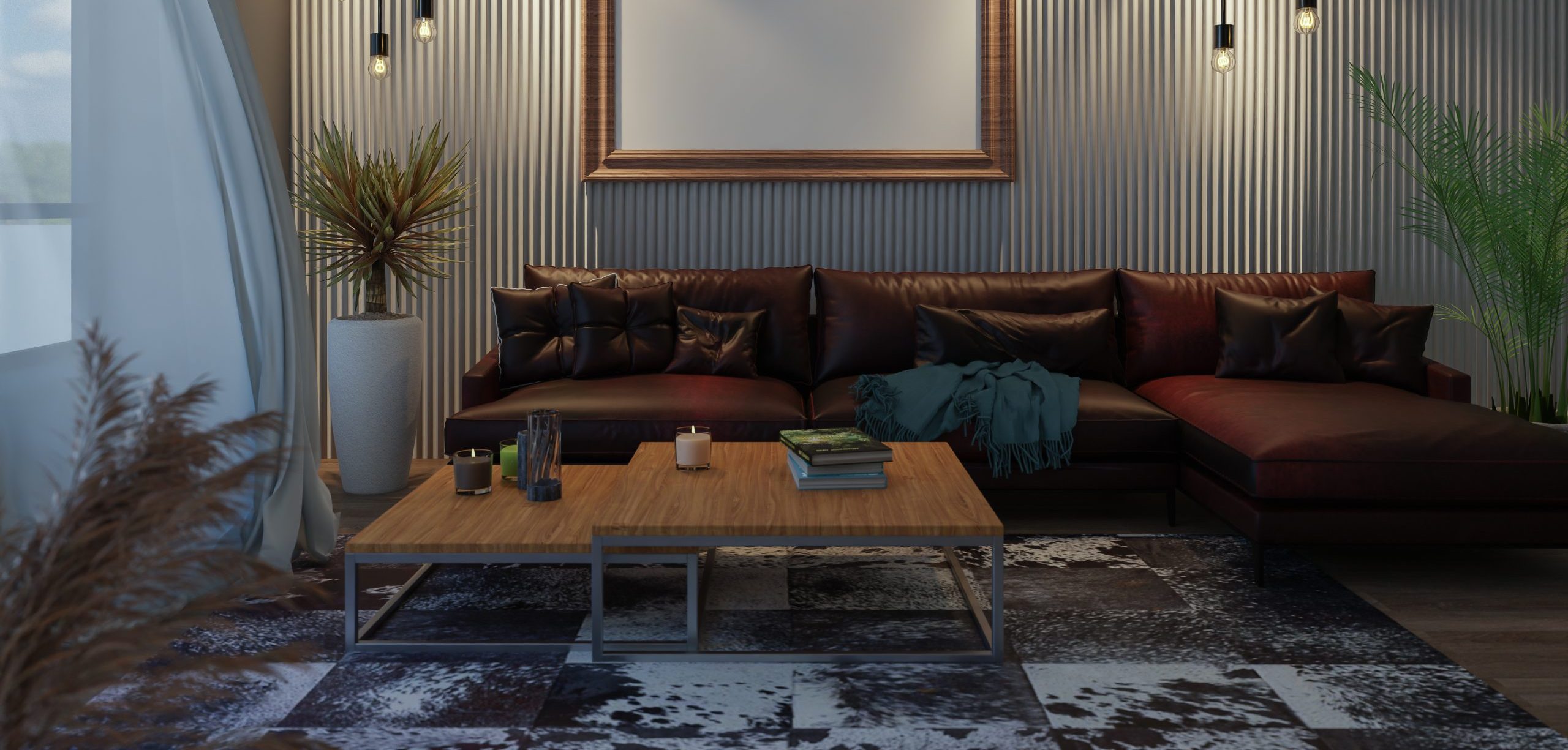 Warm and cozy living room with tropical plants and golden lighting in americana boho style